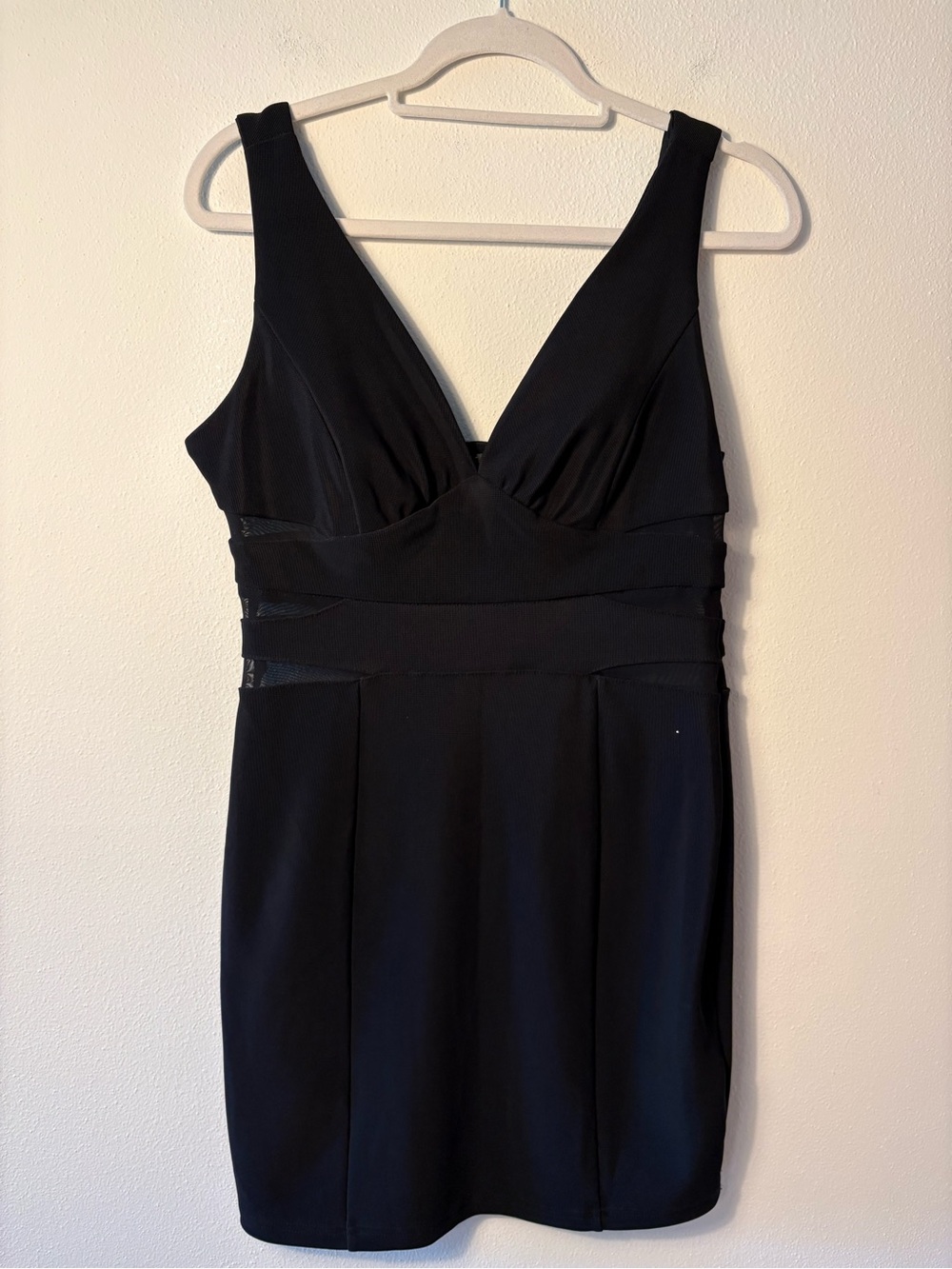 La Reyna Black Ribbed Mesh Panel Bodycon Mini Dress - Large
